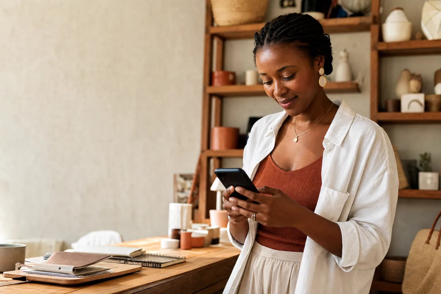 Entrepreneure sénégalaise gérant son activité depuis son téléphone